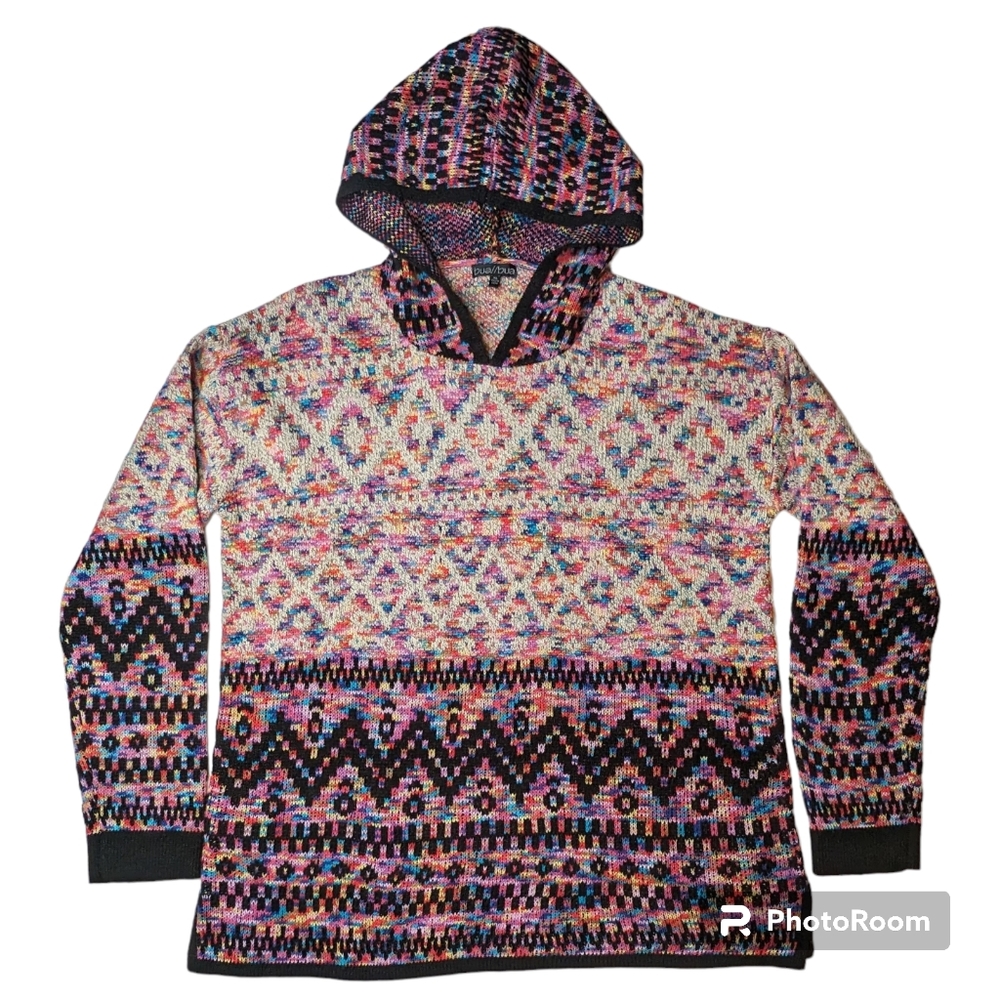 Bua//bua Pullover Sweater Womens Sz XL Multi Color Hoodie Boho Hippie Grunge
